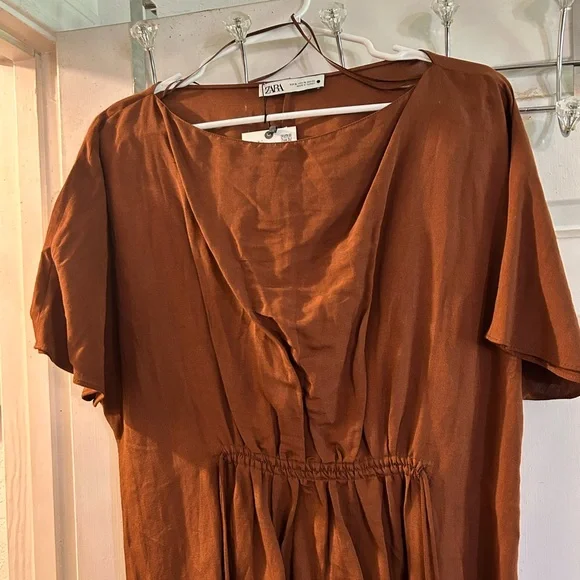 Zara Brown Short-Sleeve Drawstring Maxi Dress with Bead Accents - Picture 2 of 3